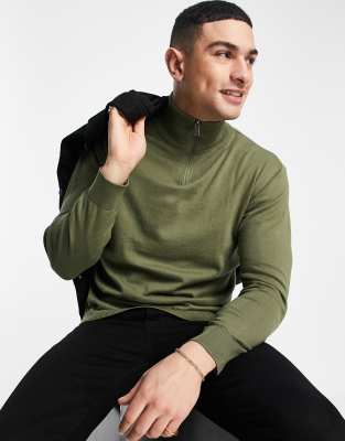 Pull&Bear knit jumper with half zip in khaki