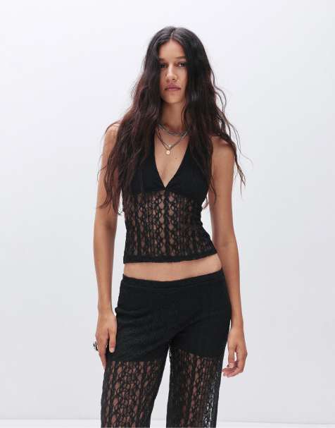 Pull&Bear Knit lace halter top in black - view 1