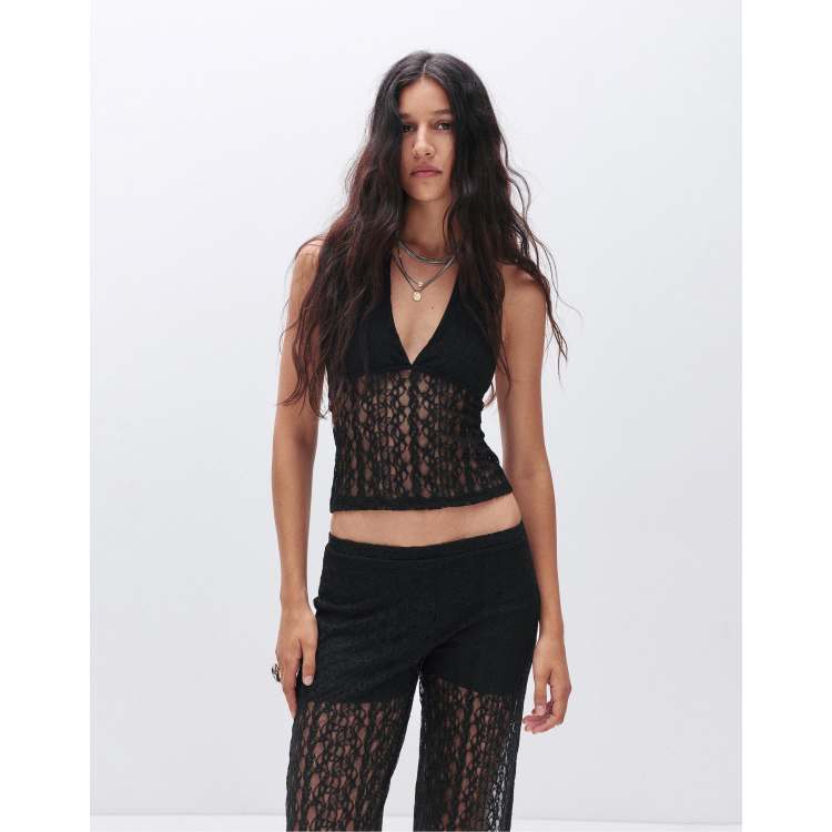 Pull&Bear Knit lace halter top in black | ASOS