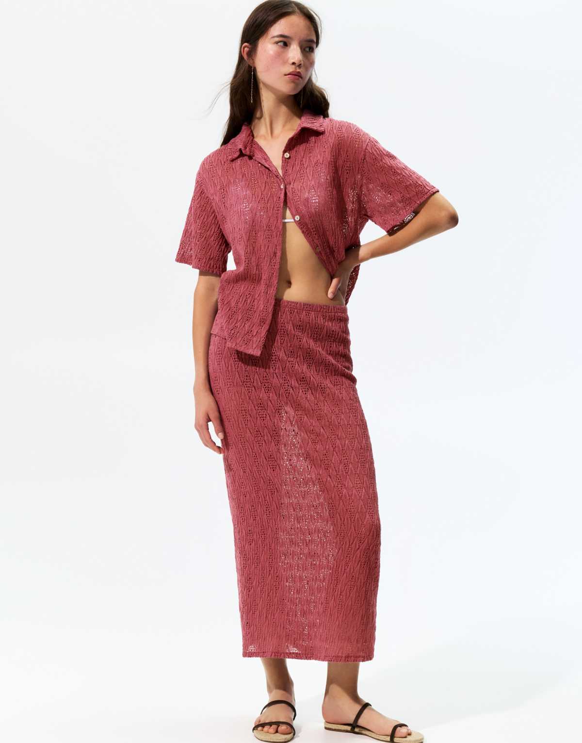 Pull&Bear Knit midi skirt in dark pink