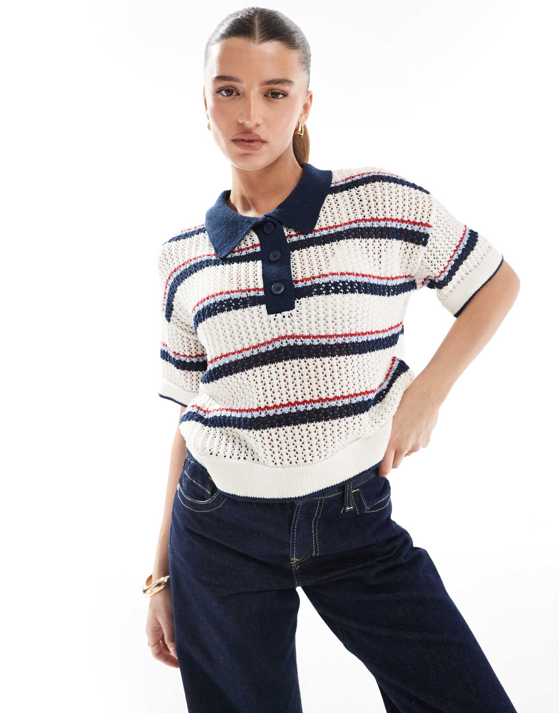 pull&bear knit short sleeved polo top in multi stripe
