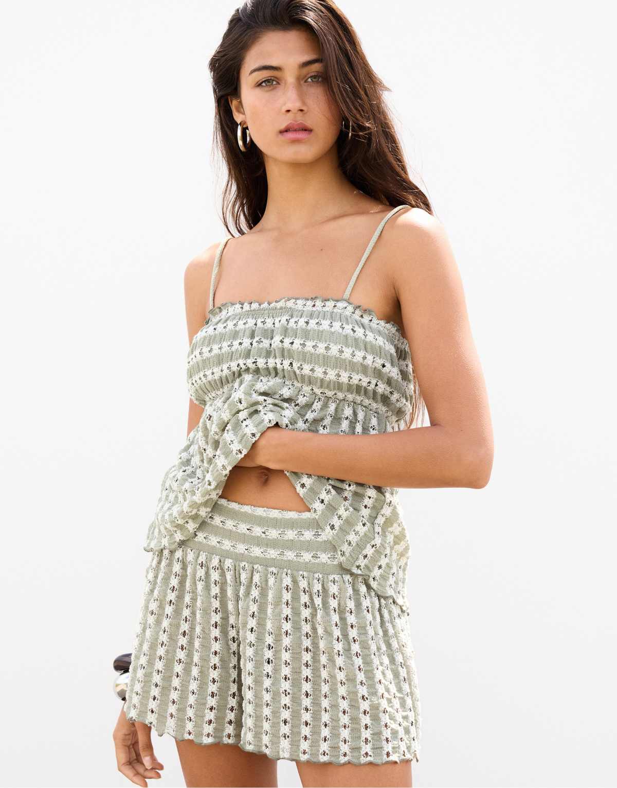 Pull&Bear knit shorts with lettuce edge hems in ecru/green