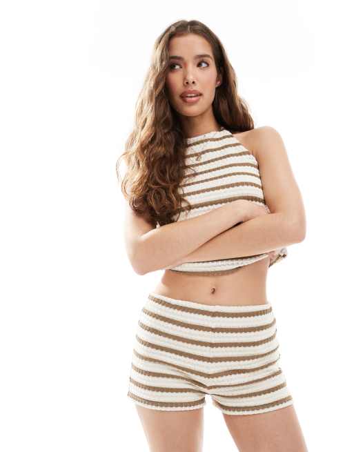 Pull&Bear - Short d'ensemble en maille texturée à rayures - Sable 
