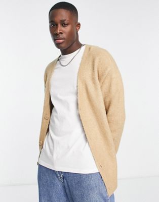 Pull&Bear fluffy knitted cardigan in beige Exclusive at ASOS