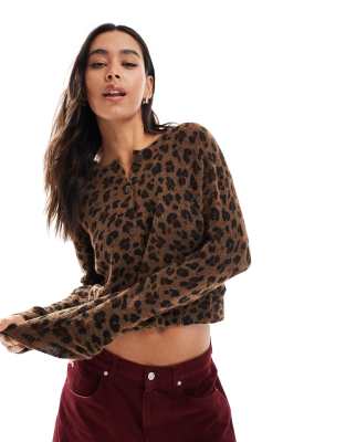 Pull & Bear Knitted Cardigan In Leopard Print-brown