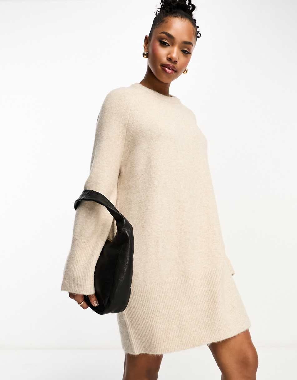 JDY wide neck knitted mini jumper dress in beige