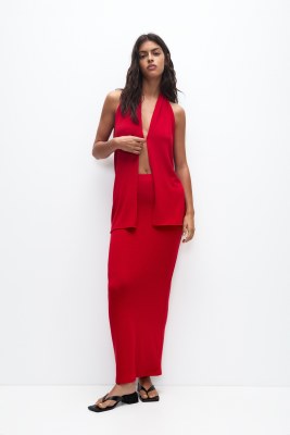 Pull & Bear knitted maxi skirt co-ord in red