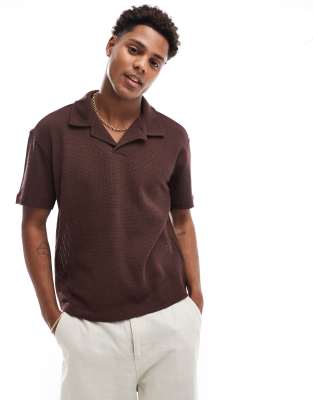 Pull & Bear Knitted Polo In Brown