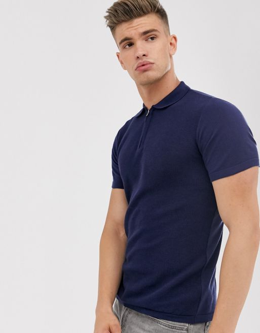 Pull&Bear knitted polo with half zip in navy | ASOS