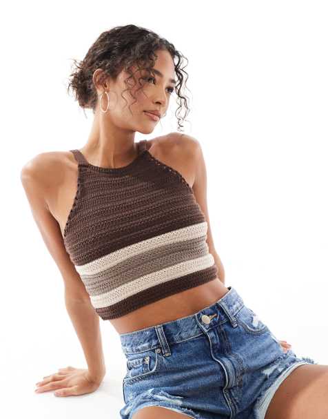 Pull&Bear knitted racer singlet in brown stripe - view 1
