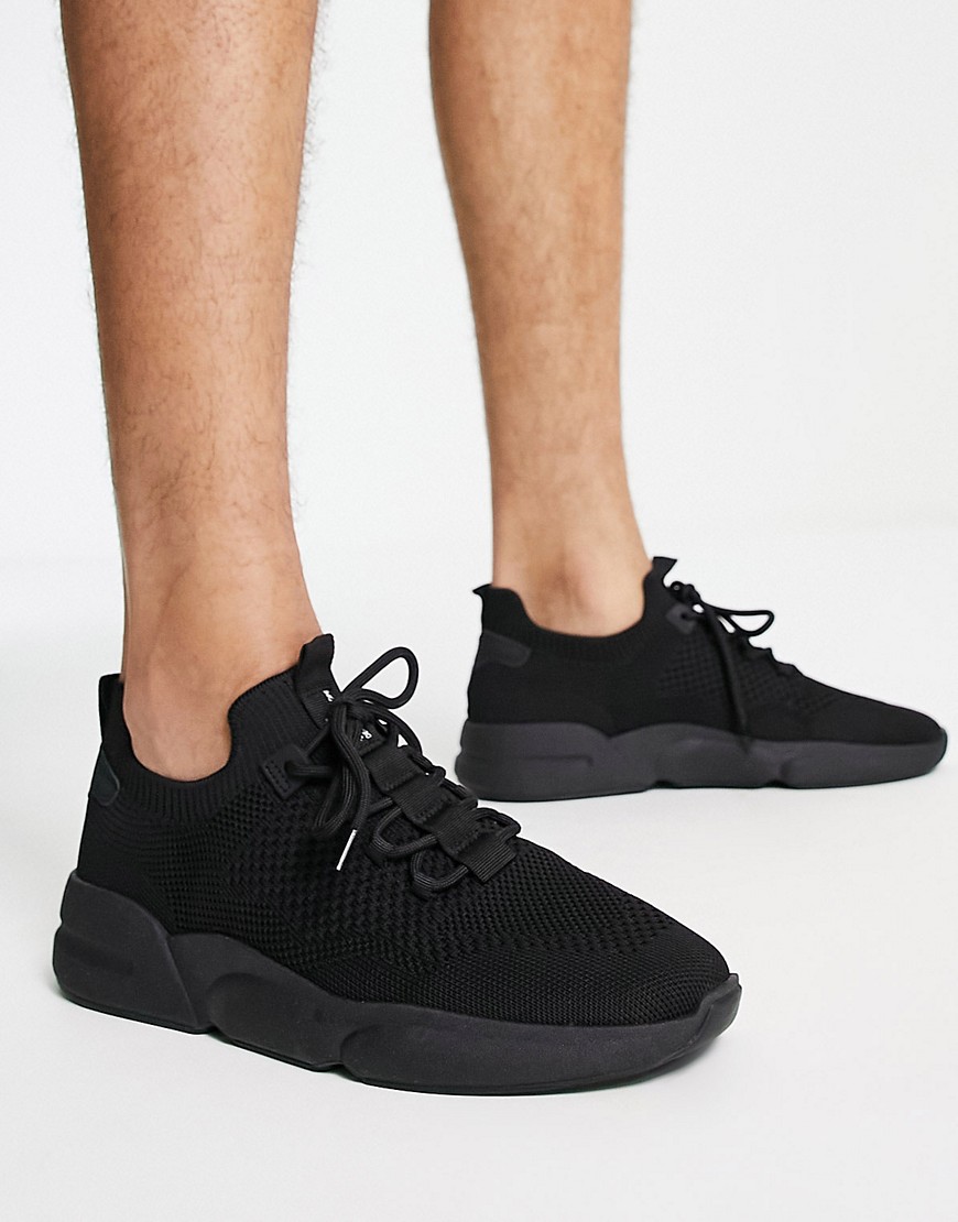 Pull & Bear knitted racer sneakers in black