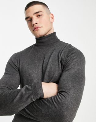 Pull&Bear knitted roll neck jumper in charcoal
