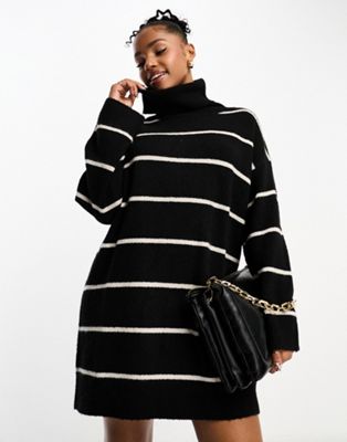 Pull&Bear knitted roll neck jumper dress in black stripe - ASOS Price Checker