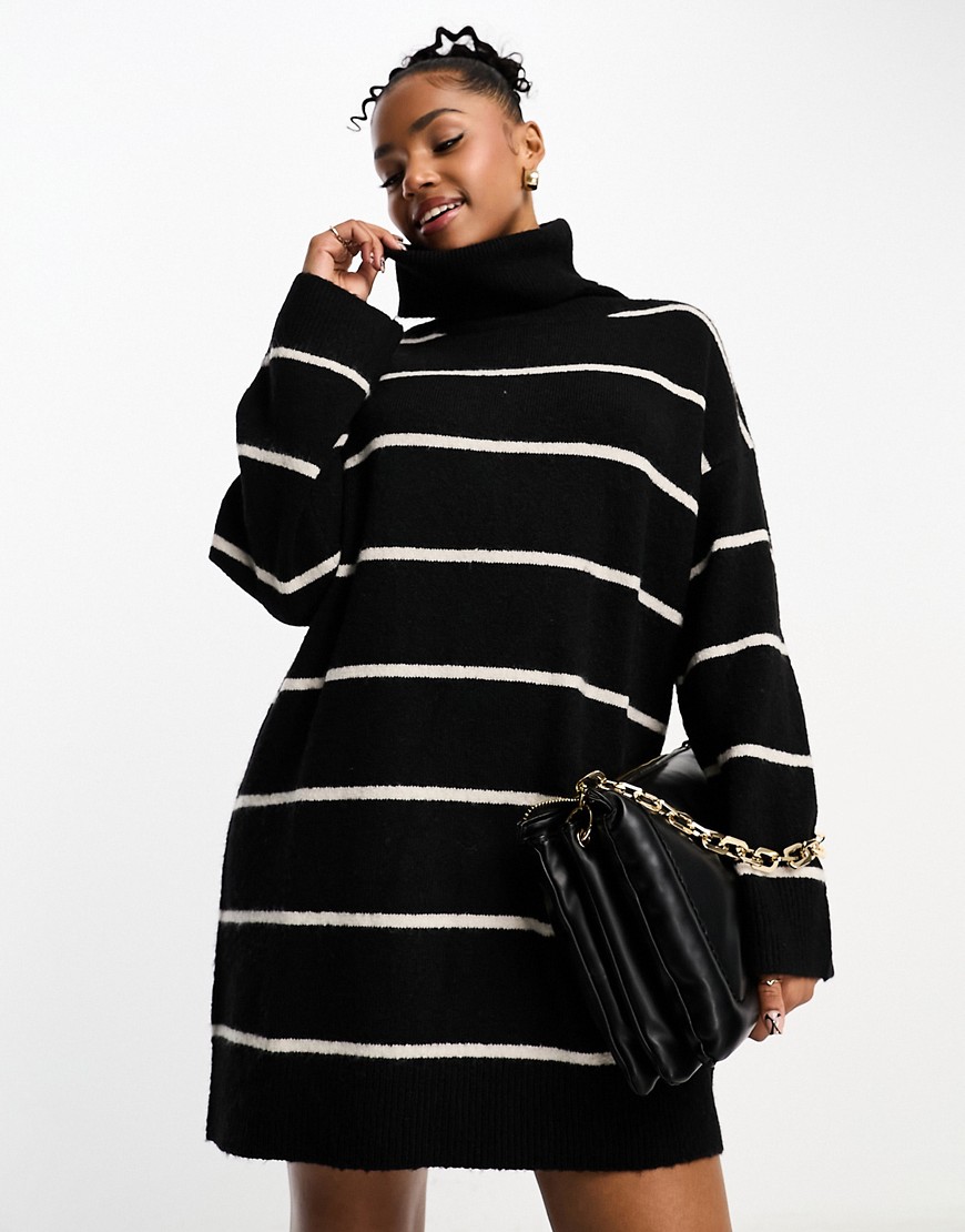 Pull & Bear knitted roll neck jumper dress in black stripe