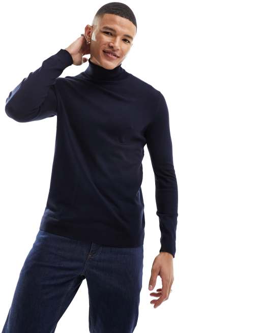 Pull&Bear knitted roll neck jumper in blue