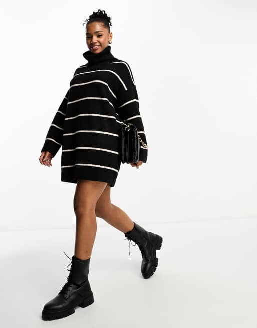 Black Roll Neck Knitted Jumper Dress