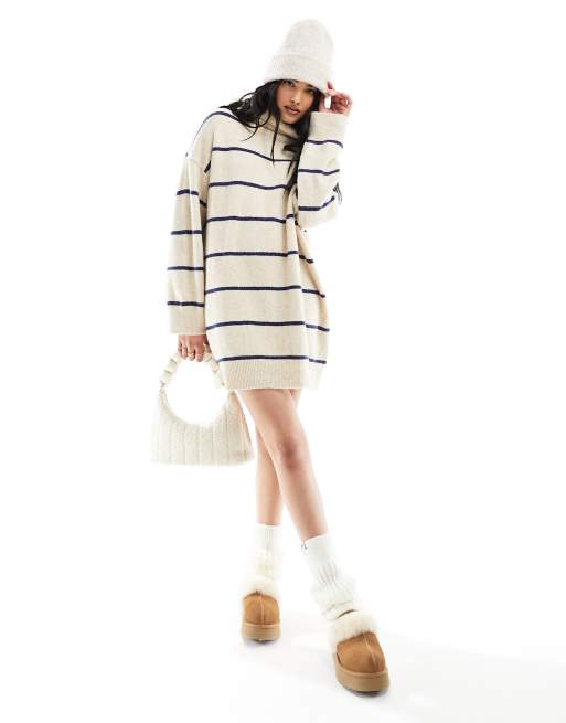 Pull&Bear knitted roll neck sweater dress in sand stripe