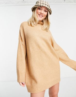Pull&Bear knitted rollover long sleeved dress in camel
