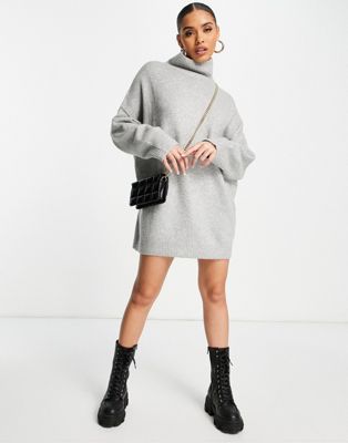 Pull&Bear knitted rollover long sleeved dress in grey