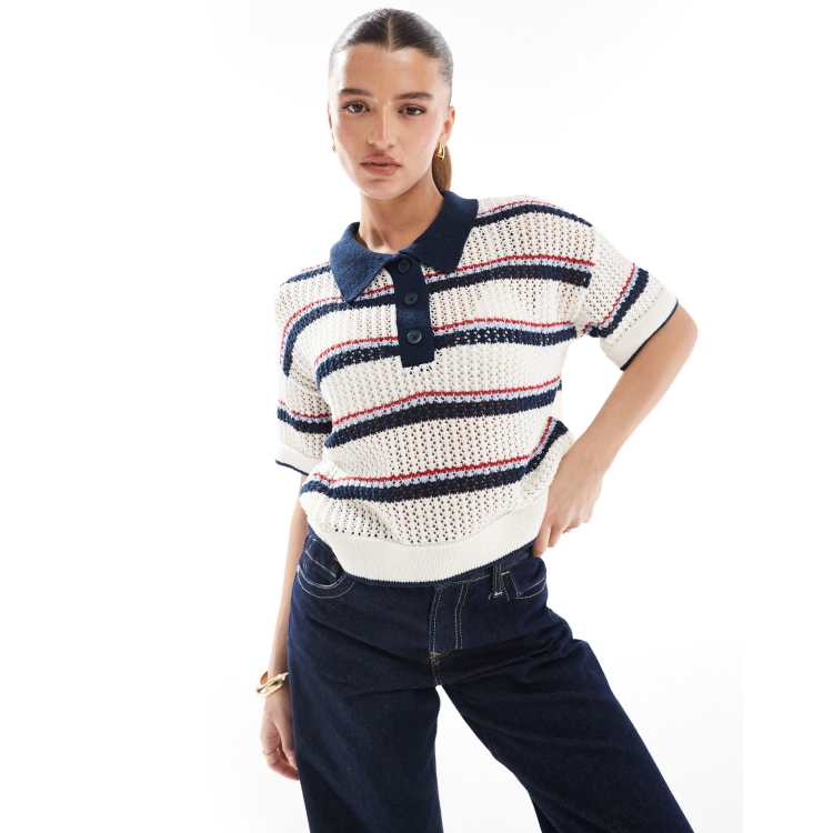 Pull&Bear knitted short sleeved polo top in multi stripe | ASOS
