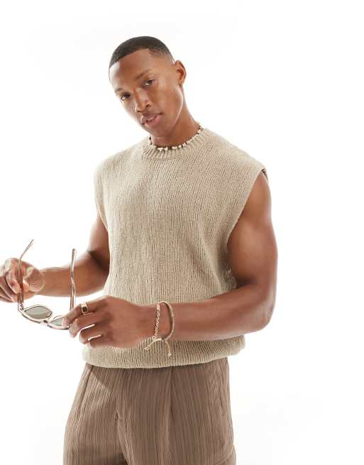 Pull&Bear knitted singlet in brown 