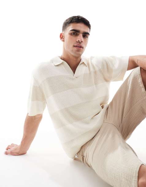 Pull&Bear knitted stripe polo in ecru - view 1