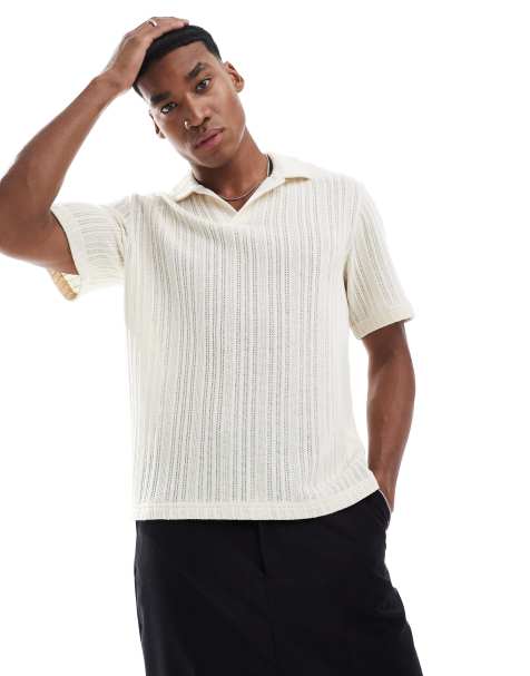 Pull&Bear knitted texture stripe polo in ecru - view 1