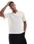[Pull & Bear] Pull & Bear knitted texture stripe polo in ecru-Neutral XL Neutral