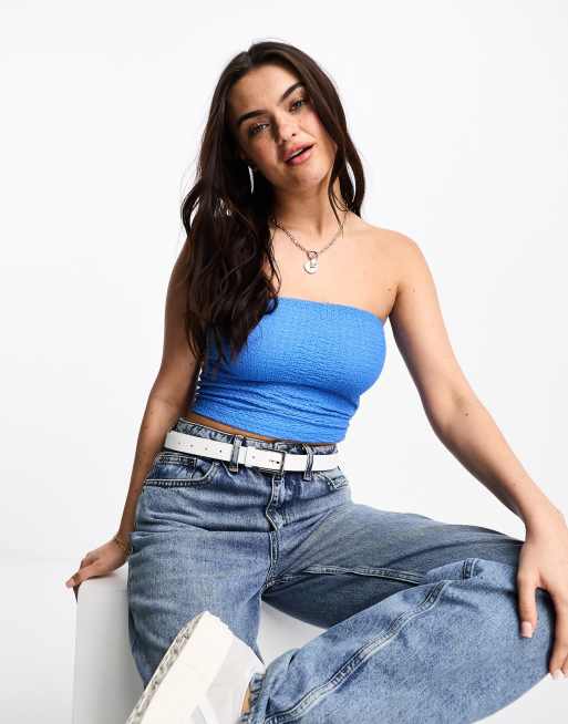 Pull&Bear – Kobaltowoniebieski krótki top bandeau o waflowej strukturze