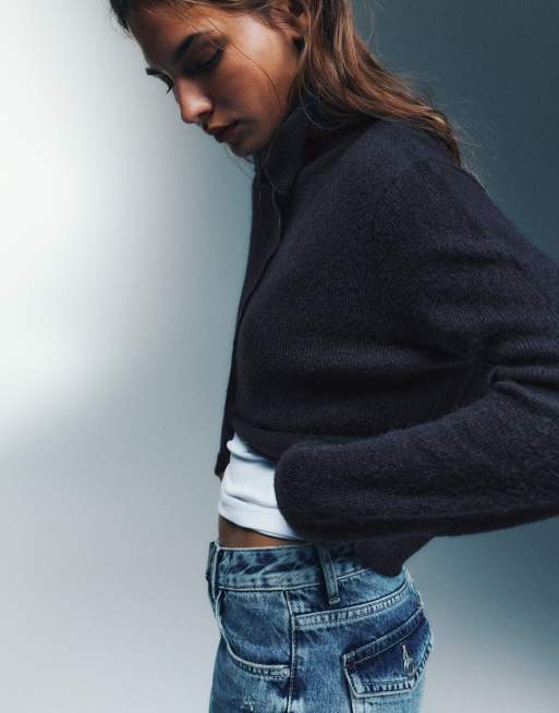 Pull&Bear kofta med hög krage och knappar i marinblått, 3 av 7