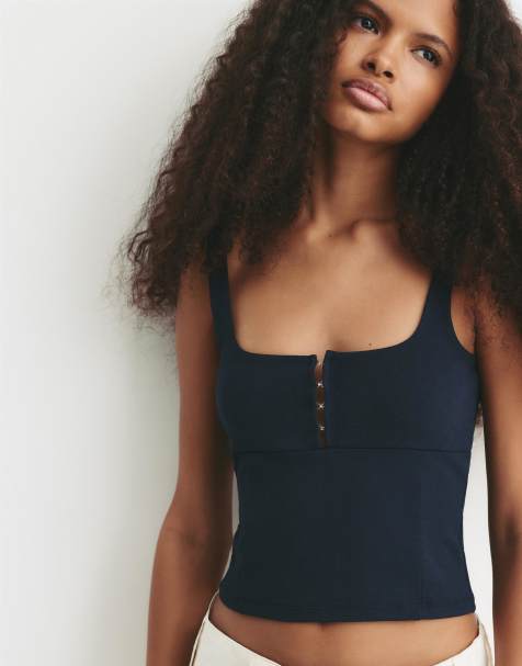 Pull&Bear – Korsett-Top in Marineblau mit Riemchenträgern - view 1