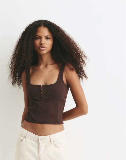 Pull&Bear - Korsettop met bandjes in bruin - view 1