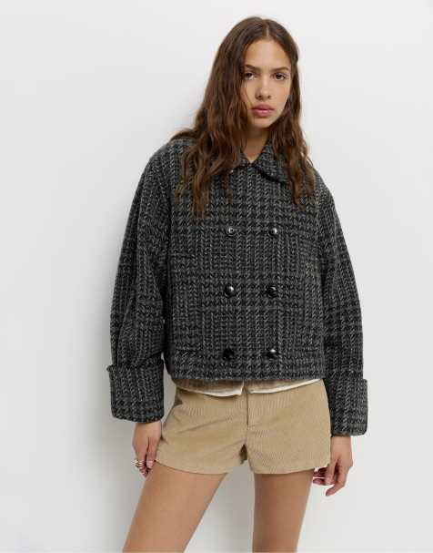 Pull&Bear - Kort geruit jack van vilt in wit crème - view 1