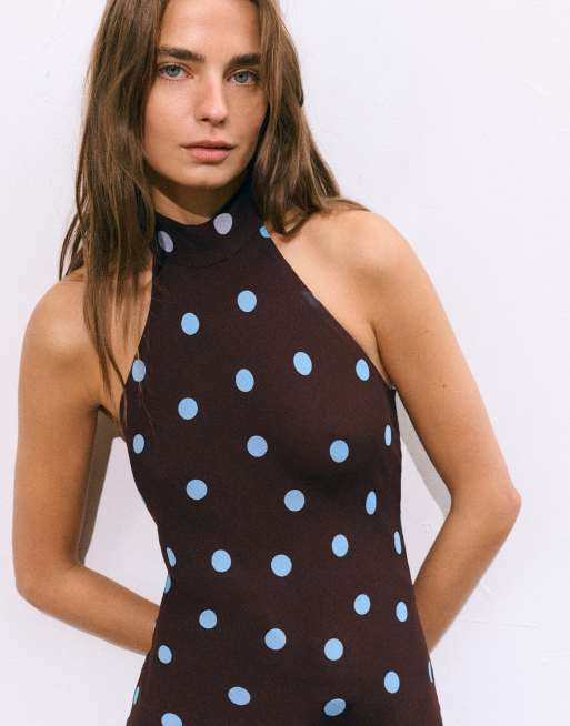 Pull&Bear kort halterneck-kjole med prikker i brun, 5 af 7