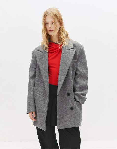 Pull&Bear - Kort og skræddersyet gråmeleret frakke med filtet tekstur - view 1