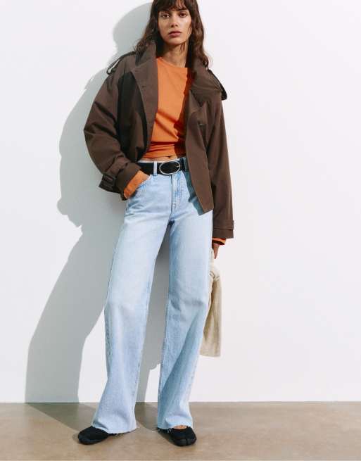 Pull&Bear kort trenchcoat med bælte i brun, 3 af 7