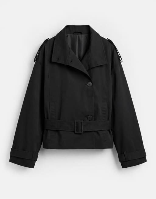 Pull&Bear kort trenchcoat med skärp i svart, 4 av 6