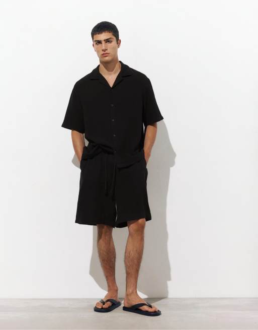 Pull&Bear - Co-ord set van crêpestof met textuur in zwart, 2 van 3