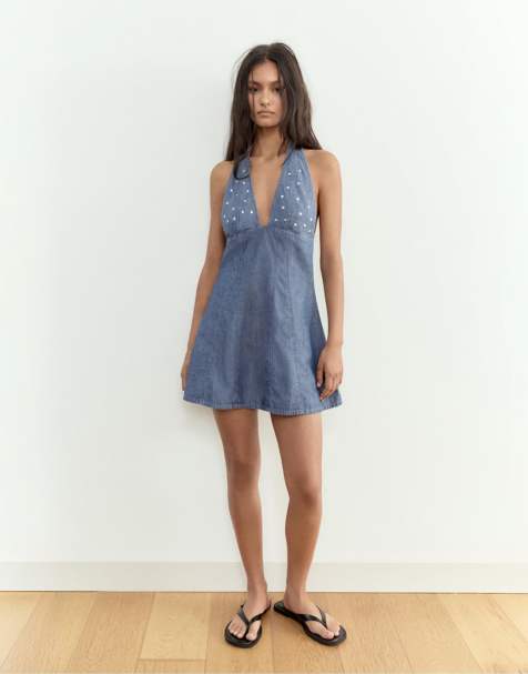 Pull&Bear - Korte denim jurk met studs in donkerblauw - view 1