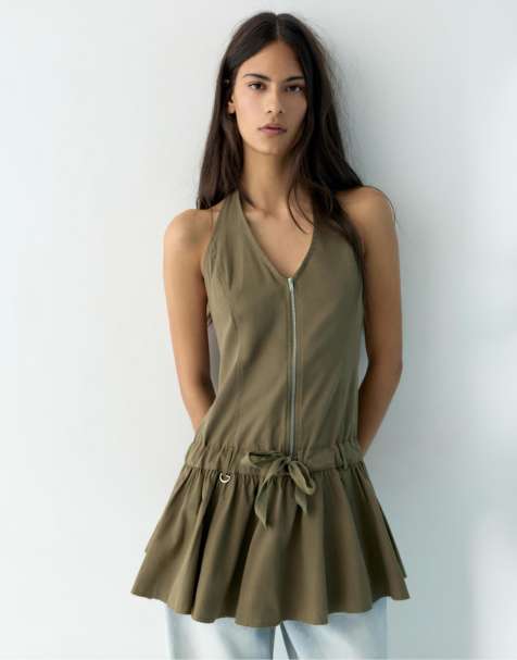 Pull&Bear - Korte halterjurk met rits in kaki - view 1