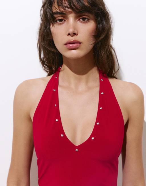 Pull&Bear - Korte halterjurk met studs in rood, 3 van 4