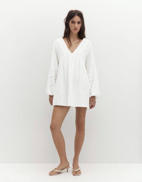 Pull&Bear - Korte jurk met pofmouwen in wit - view 1
