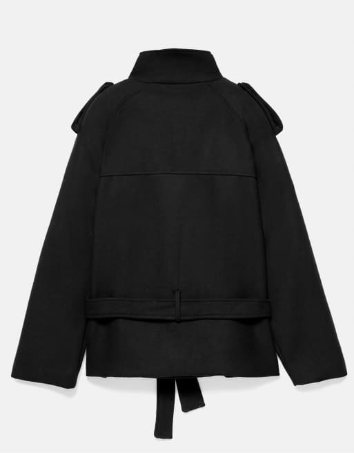 Pull&Bear korte trenchcoat van vilt met riem in zwart met wol, 7 van 7