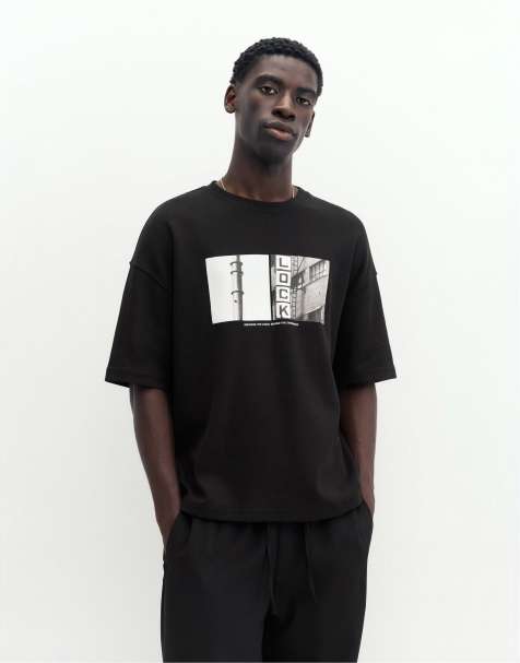 Pull&Bear kortærmet kraftig T-shirt med fotografisk print i sort - view 1