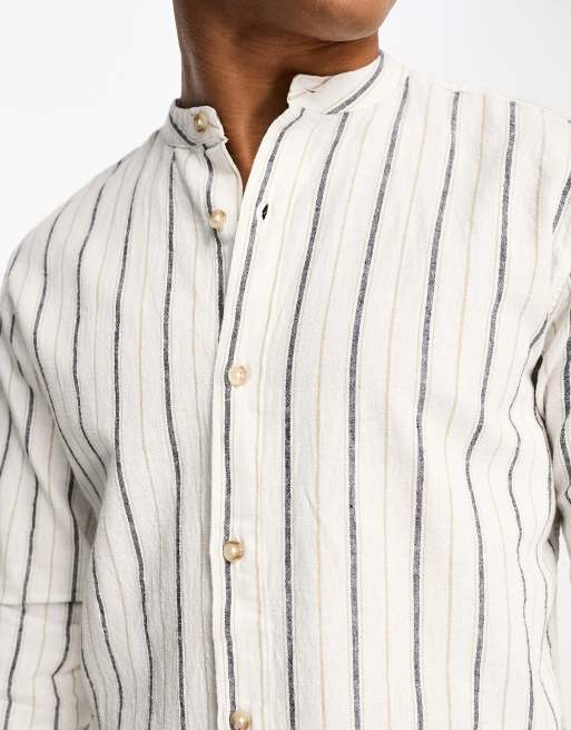 Pull&Bear – Koszula ze stójką z dodatkiem lnu w paski , 3 z 4