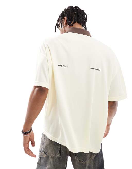 Pull&Bear – Koszulka sportowa polo w kolorze ecru w stylu retro, 3 z 4