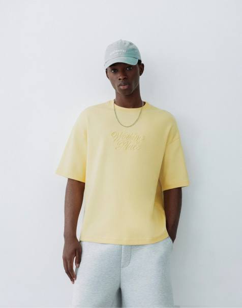 Pull&Bear kraftig T-shirt med slogan i gul - view 1