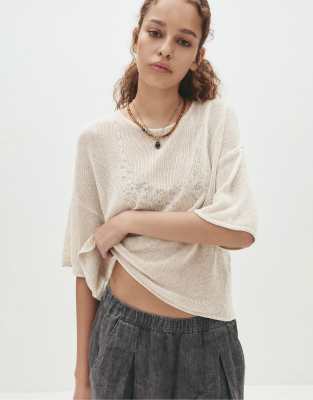 Pull & Bear - Kurzärmliger Pullover in Beige-Neutral