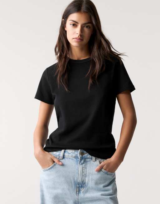 Pull&Bear – Kurzärmliges Basic-T-Shirt in marmoriertem Schwarz