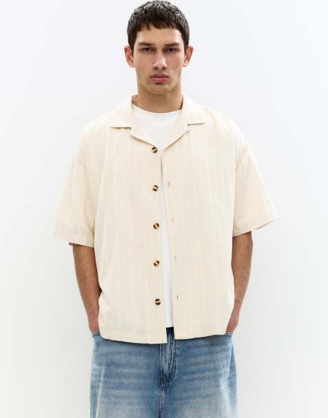 Pull&Bear – Kurzärmliges Hemd aus Leinenmix in Beige - view 1